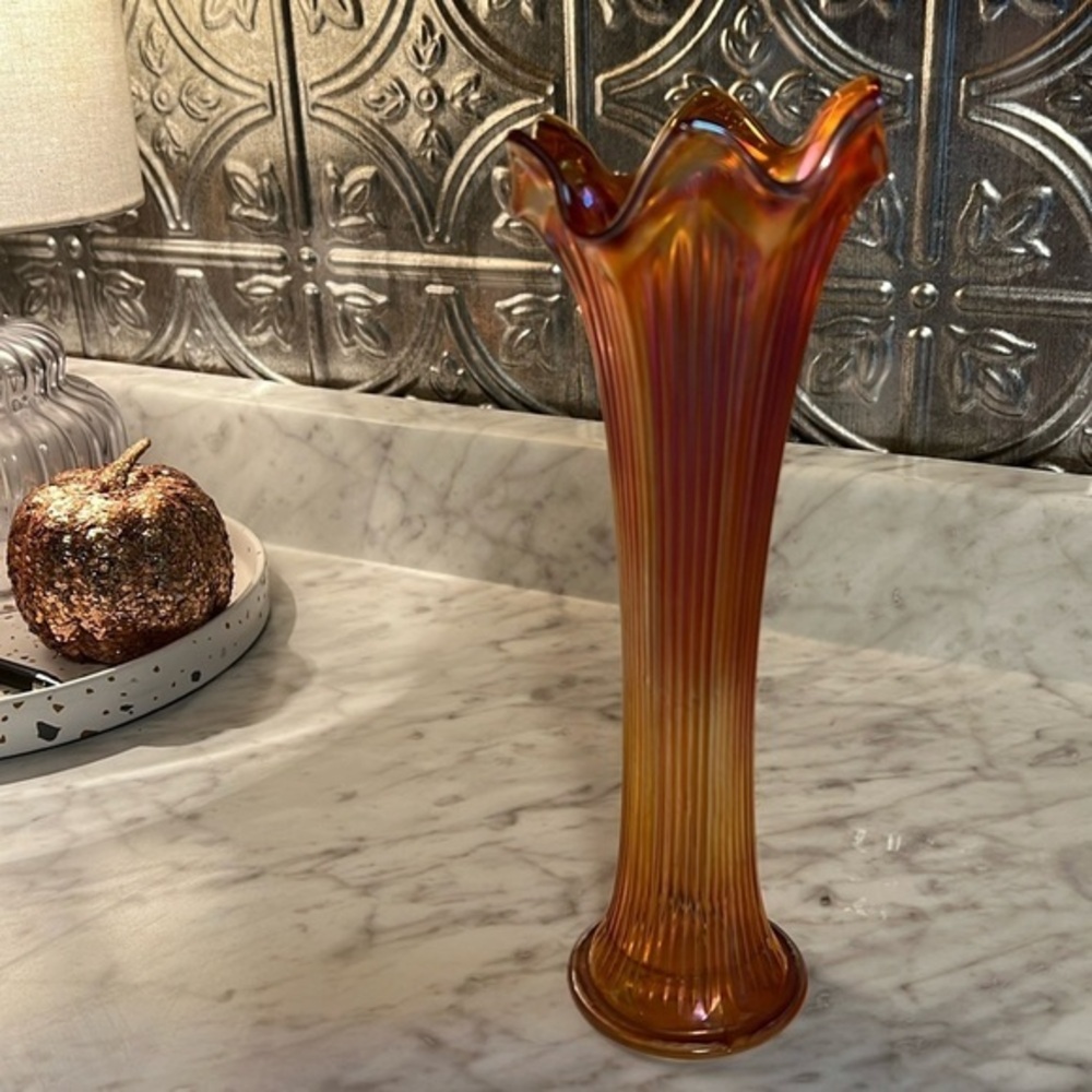 Northwood Ribbed Marigold Translucent Carnival Glass 10" Swung Vase